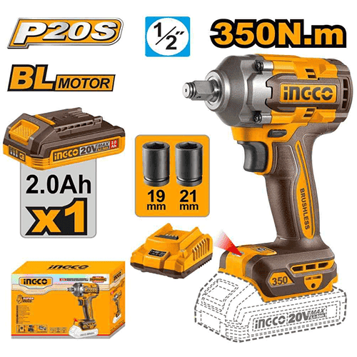 Ingco 1/2'' Square Drive Cordless Impact Wrench 20V 350 N*M Ciwli20351