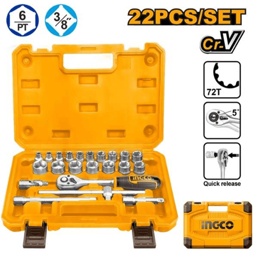 Ingco 3/8'' Square Drive 22 Pieces Hex Socket Set Hkts38221