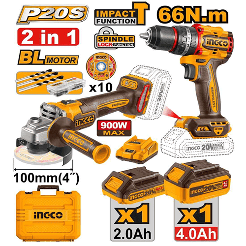 Ingco Cordless Impact Drill & Angle Grinder Combo Kit Ckli2027310
