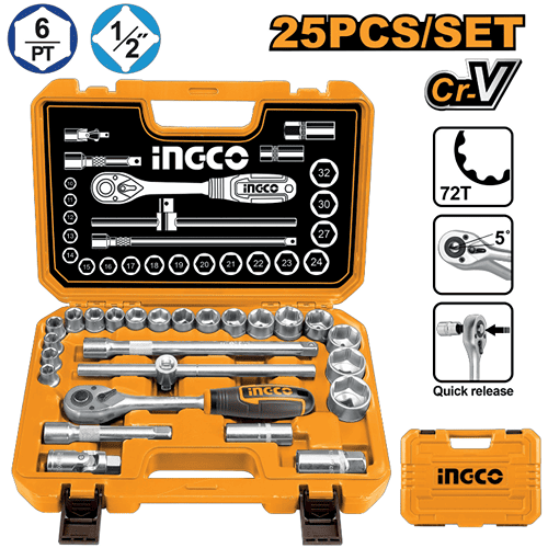 Ingco 1/2'' Square Drive 25 Pieces Hex Socket Set Hkts12251