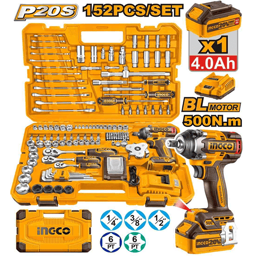 Ingco 1/2'' Square Drive Cordless Impact Wrench With Kit 20V 500 N*M Hkthp31521