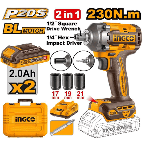Ingco 1/2'' Square Drive Cordless Impact Driver & Wrench 20V 230 N*M Ciwli20236