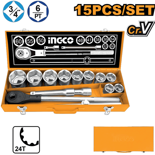 Ingco 3/4'' Square Drive 15 Pieces Hex Socket Set Hkts034151