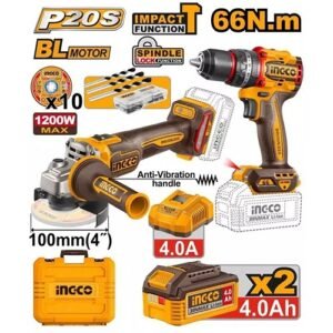 Ingco 2 Pieces Cordless Angle Grinder & Impact Drill Combo Kit Ckli2025610