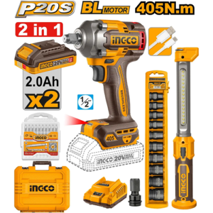 Ingco 2 Pieces Cordless Impact Wrench & Work Lamp Combo Kit Cosli23056