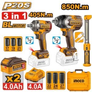 Ingco 3 Pieces Cordless Impact Wrench & Work Lamp Combo Kit Cosli251085