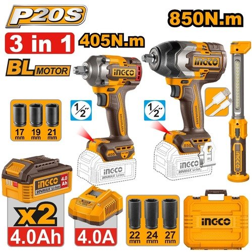 Ingco 3 Pieces Cordless Impact Wrench & Work Lamp Combo Kit Cosli251085