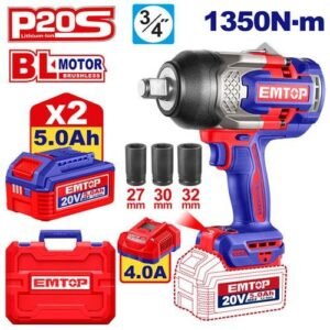 Emtop 3/4'' Square Drive Cordless Impact Wrench 20v 1350 N*m ECIWL20135