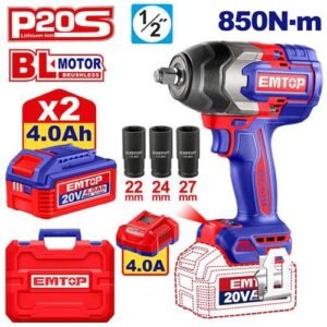 Emtop 1/2'' Square Drive Cordless Impact Wrench 20v 850 N*m ECIWL2085