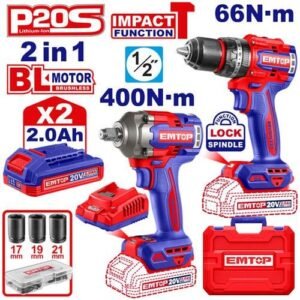 Emtop Cordless Impact Wrench & Drill Combo Kit ECKL20275