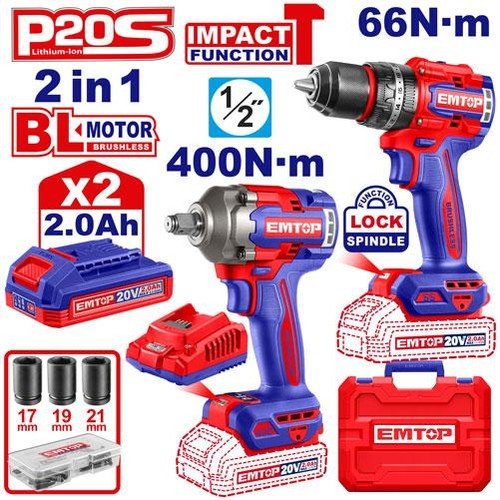 Emtop Cordless Impact Wrench & Drill Combo Kit ECKL20275