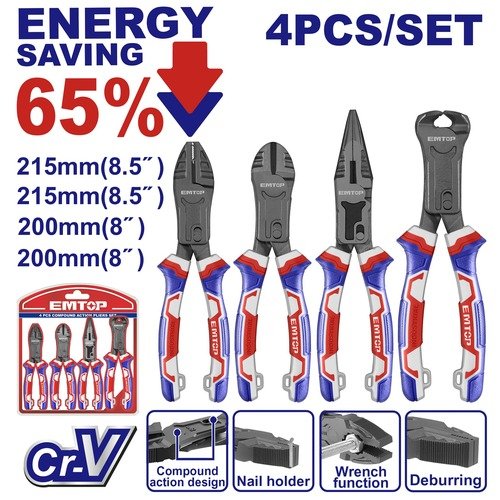 Emtop 4 Pieces Compound Action Plier Set Epls2451
