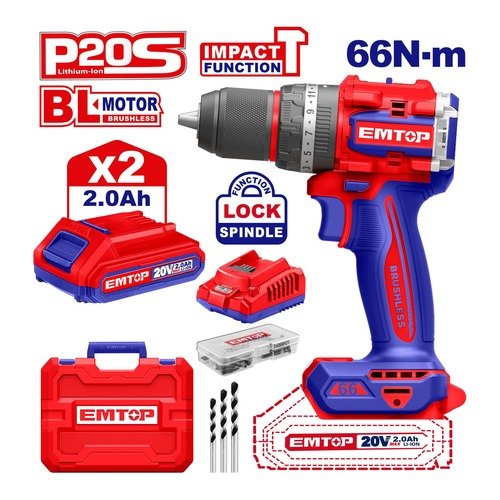 Emtop 20V Cordless Impact Drill Machine 13Mm ECIDL20668