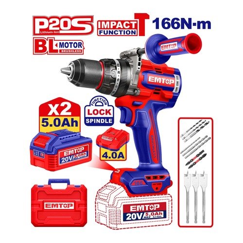 Emtop 20V Cordless Impact Drill Machine 13Mm ECIDL201668