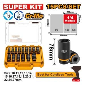 Ingco 1/2'' Square Drive 15 Pieces Impact Deep Hex Socket Set Hkissd12158L — Ingco All Products